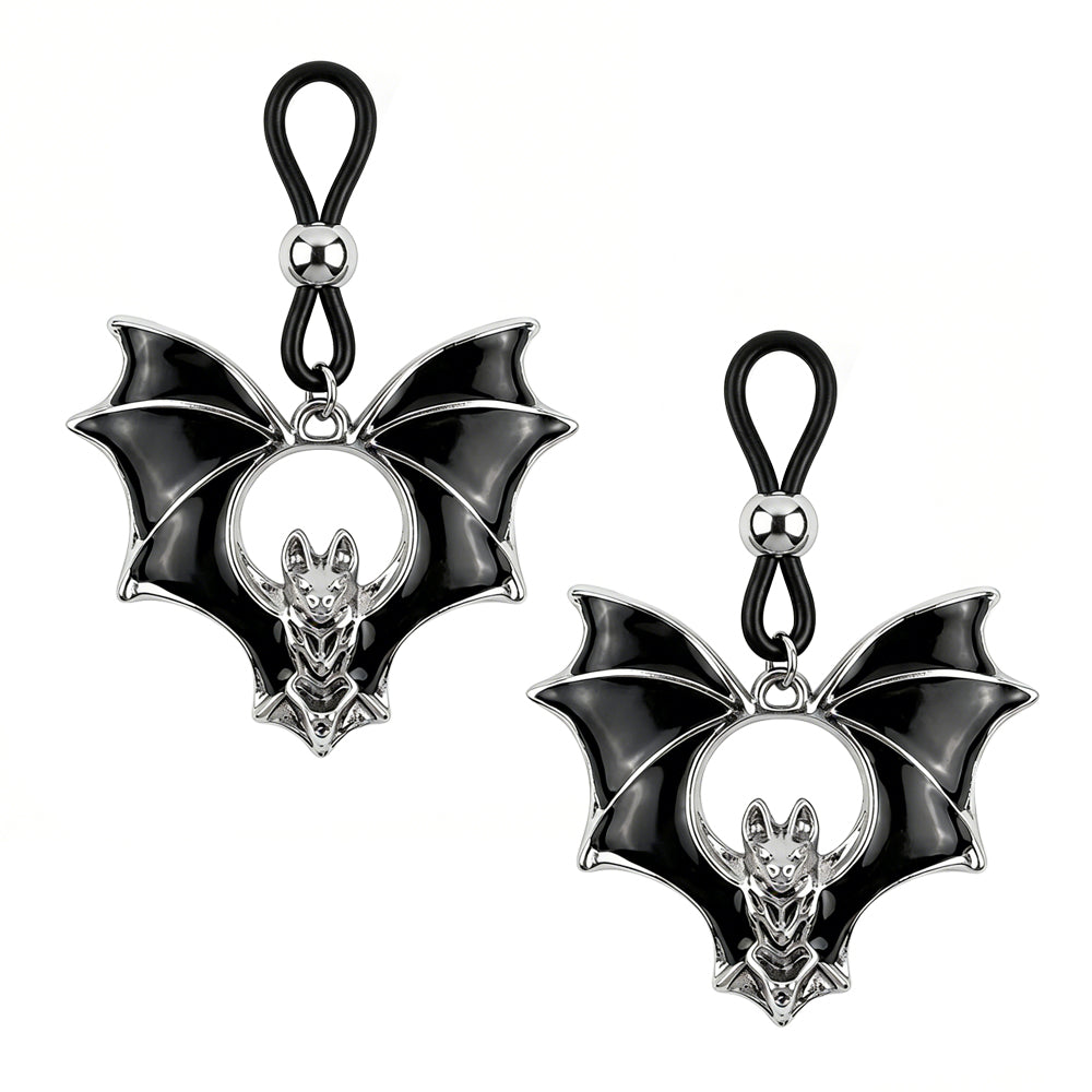A pair of adjustable bat-shaped fake nipple rings for gothic alternative fashion.