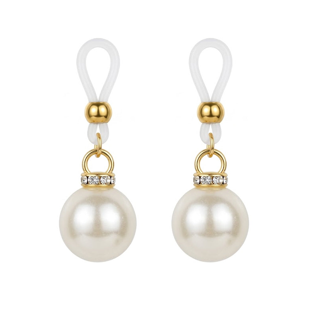 A matching pair of elegant non-pierced nipple clamps with adjustable loops and shimmering pearl dangles, perfect for coquette and alternative fashion aesthetic.