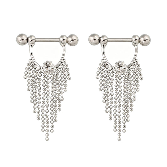 A pair of gothic nipple rings featuring clear center crystals and liquid-like beaded chain tassels displayed side by side.