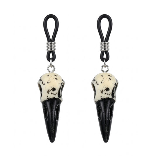 A pair of Gothic style crow skull nipple loops with adjustable sliders, ideal for non-piercing body accessory styling.