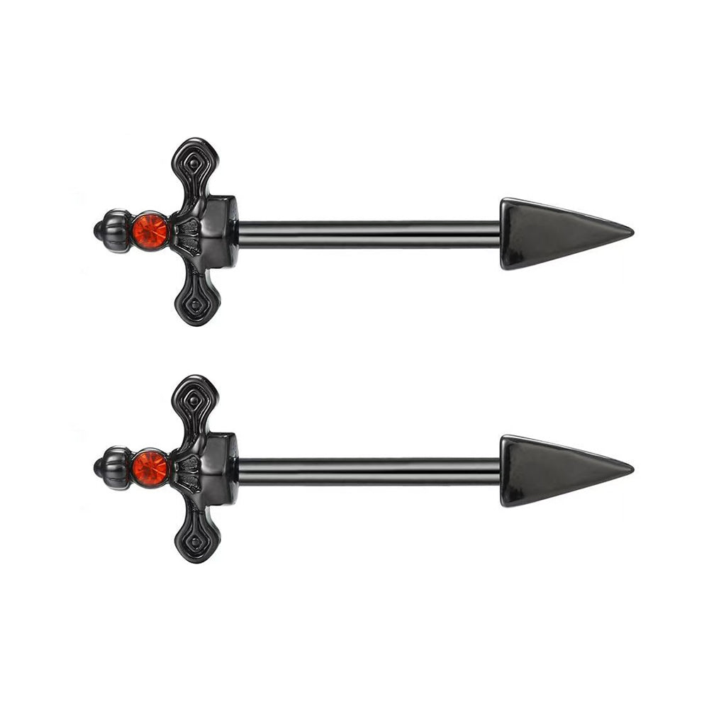 A pair of black sword nipple rings (2 pieces) with red crystal accents, arranged horizontally on a seamless white background for Shopify e-commerce.