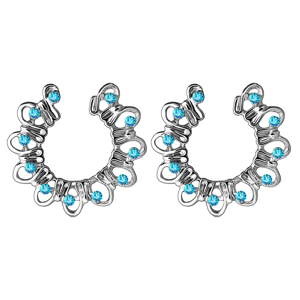 A pair of blue crystal floral non-piercing nipple rings.