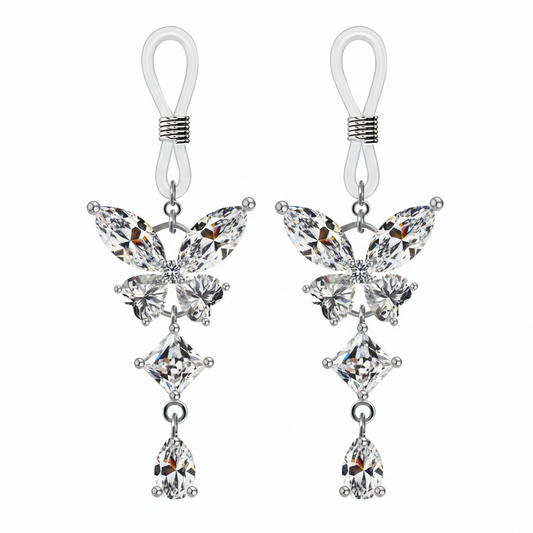 A matching pair of elegant crystal butterfly non-pierced body jewelry clamps featuring tiered marquise and square cut stones for intimate styling.