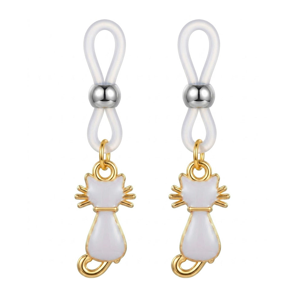 A pair of adjustable cat-themed body jewelry clamps featuring white cat charms, ideal for Y2K and Coquette aesthetic enthusiasts.