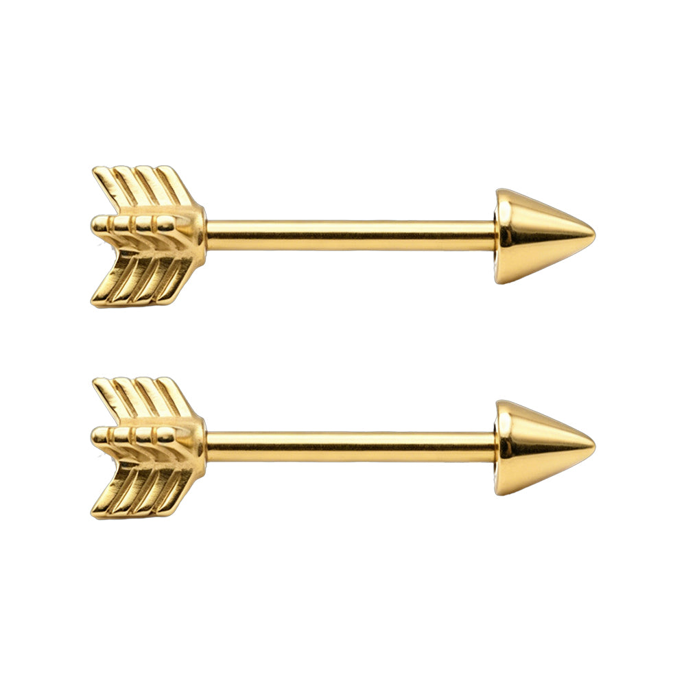 A matching pair of 14G gold arrow nipple piercing rings stacked vertically, showcasing alternative Gothic Y2K body jewelry style.