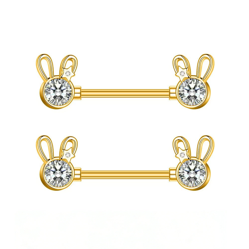 A matching pair of gold bunny-shaped nipple jewelry bars with brilliant cubic zirconia stones.