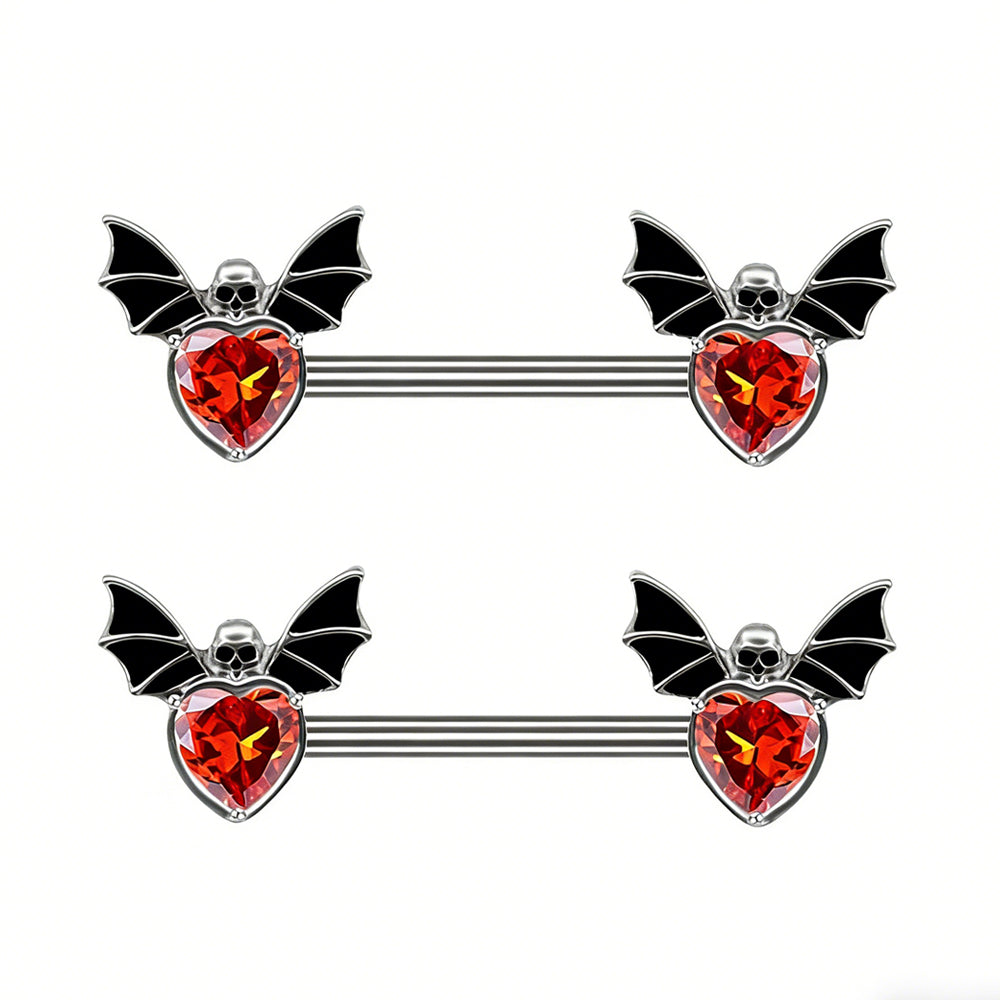 A complete matching pair of the gothic bat heart nipple shield barbells, displaying two identical pieces for alternative fashion body piercing, set against a plain white background.