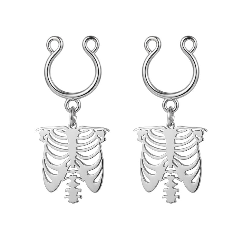 Pair of clip-on non-piercing nipple rings with skeleton rib cage charms, sold as a set for women body jewelry.