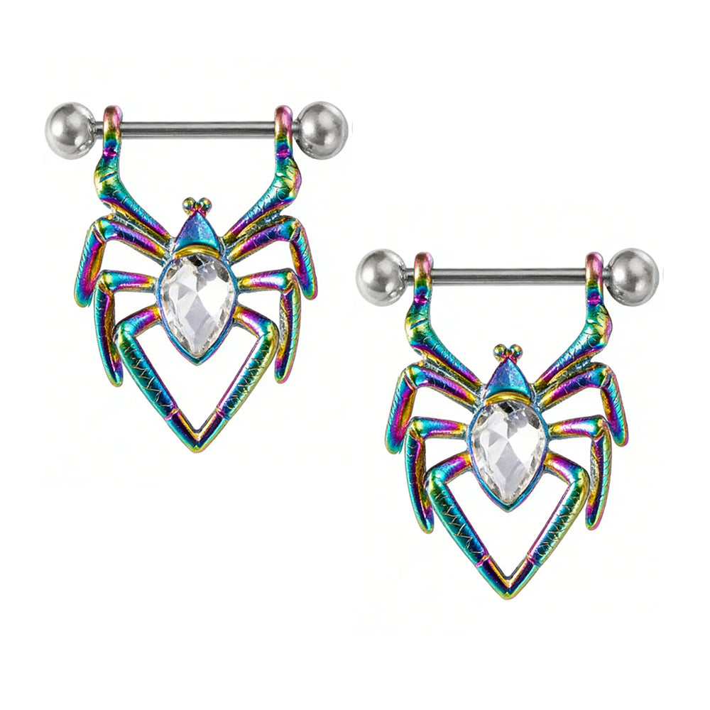 A pair of multicolor gothic spider nipple piercings for body jewelry