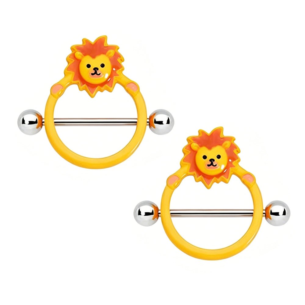 Cute Lion Nipple Ring Shield Piercing 14G Titanium Barbell Jewelry (1 Pair)