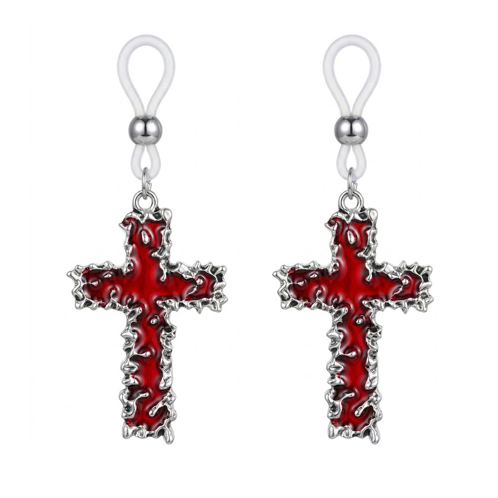 A pair of gothic style red cross nipple dangles designed for non-pierced body decoration, shown against a white background.