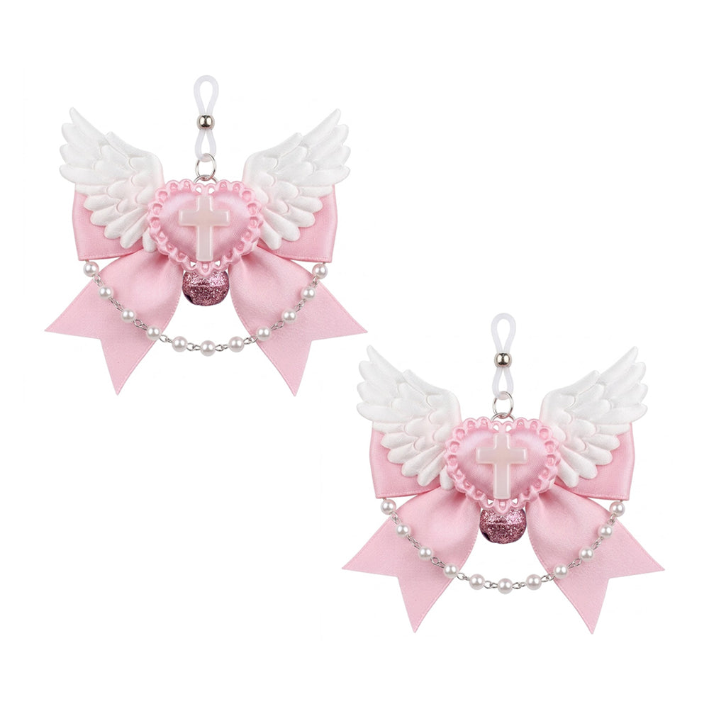 A pair of adjustable non-piercing nipple jewelry with angelic wings and pearl chain accents on a white background.