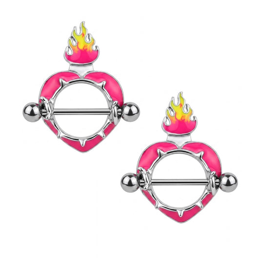 A pair of pink flame heart nipple rings piercing jewelry showcasing the complete set for European and American alternative fashion.