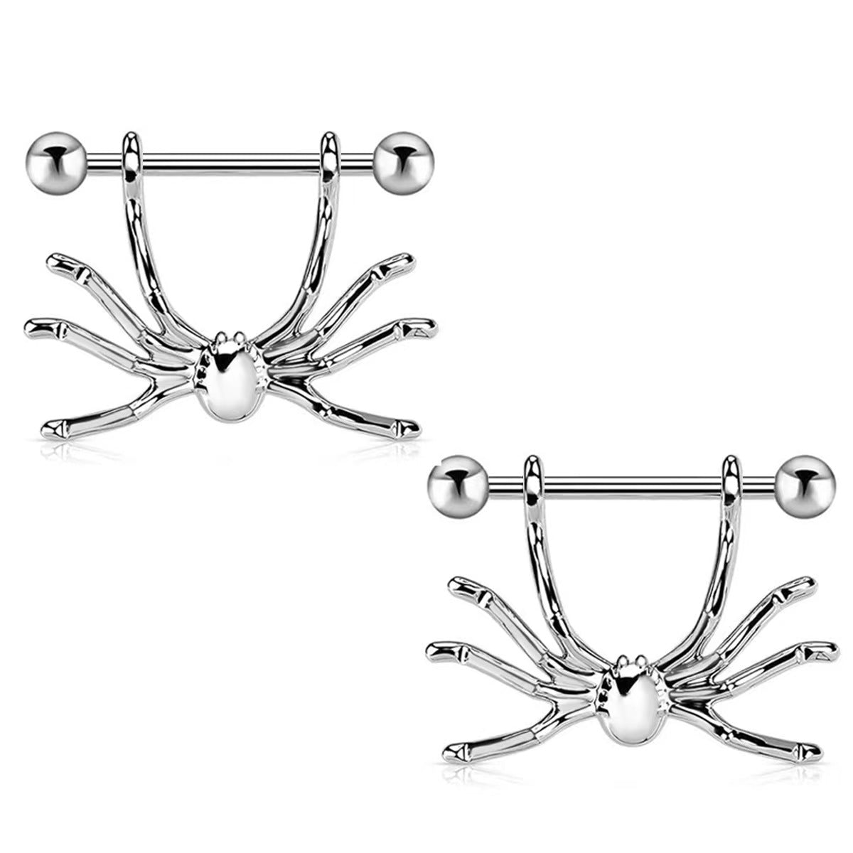 A pair of matching spider nipple shields for alternative body jewelry style.