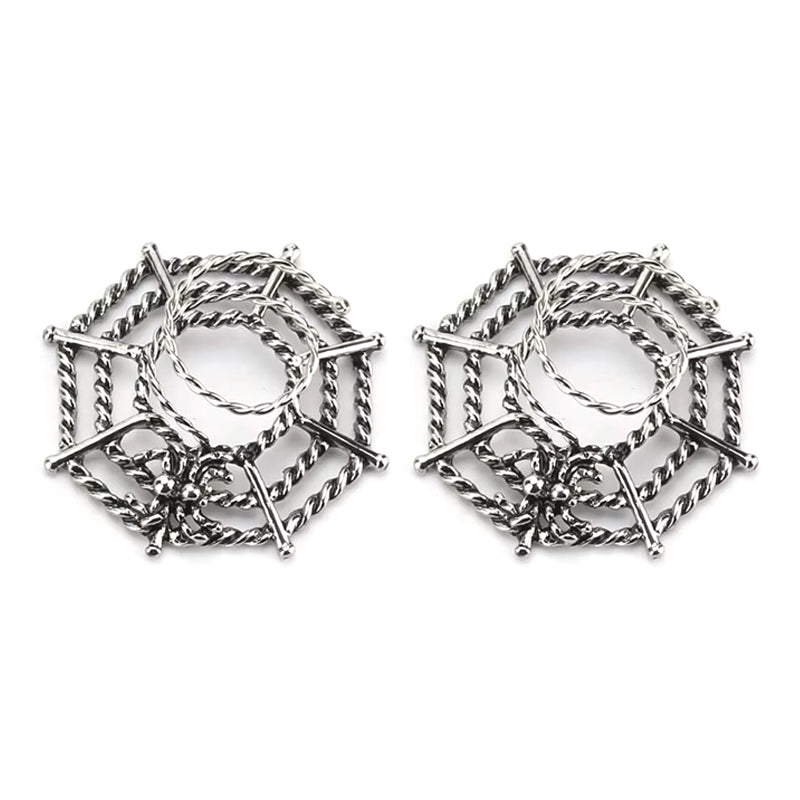 A pair of matching spider web nipple shields for symmetrical body piercing, showcasing the symmetrical gothic web design and rope texture.