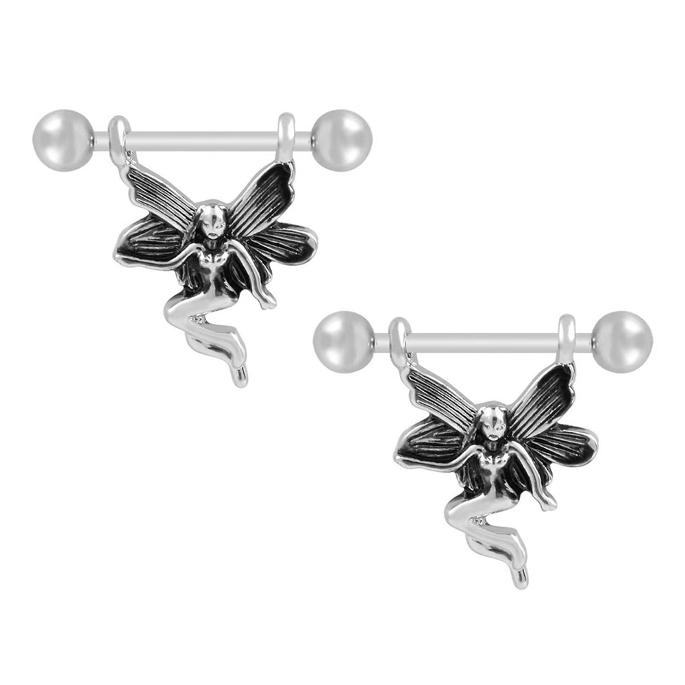 A pair of mystical winged fairy nipple piercings for dark aesthetic body jewelry.