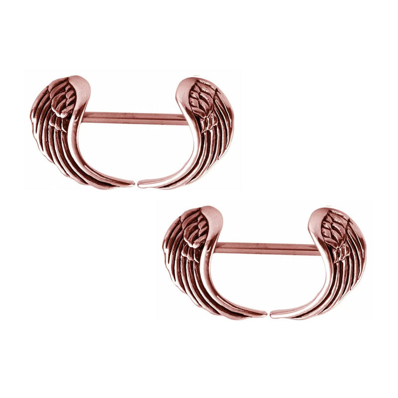 Set of 2 rose gold angel wings nipple shield barbells for symmetrical body piercing.