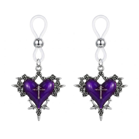 A pair of adjustable non-piercing purple heart dangles for body jewelry styling