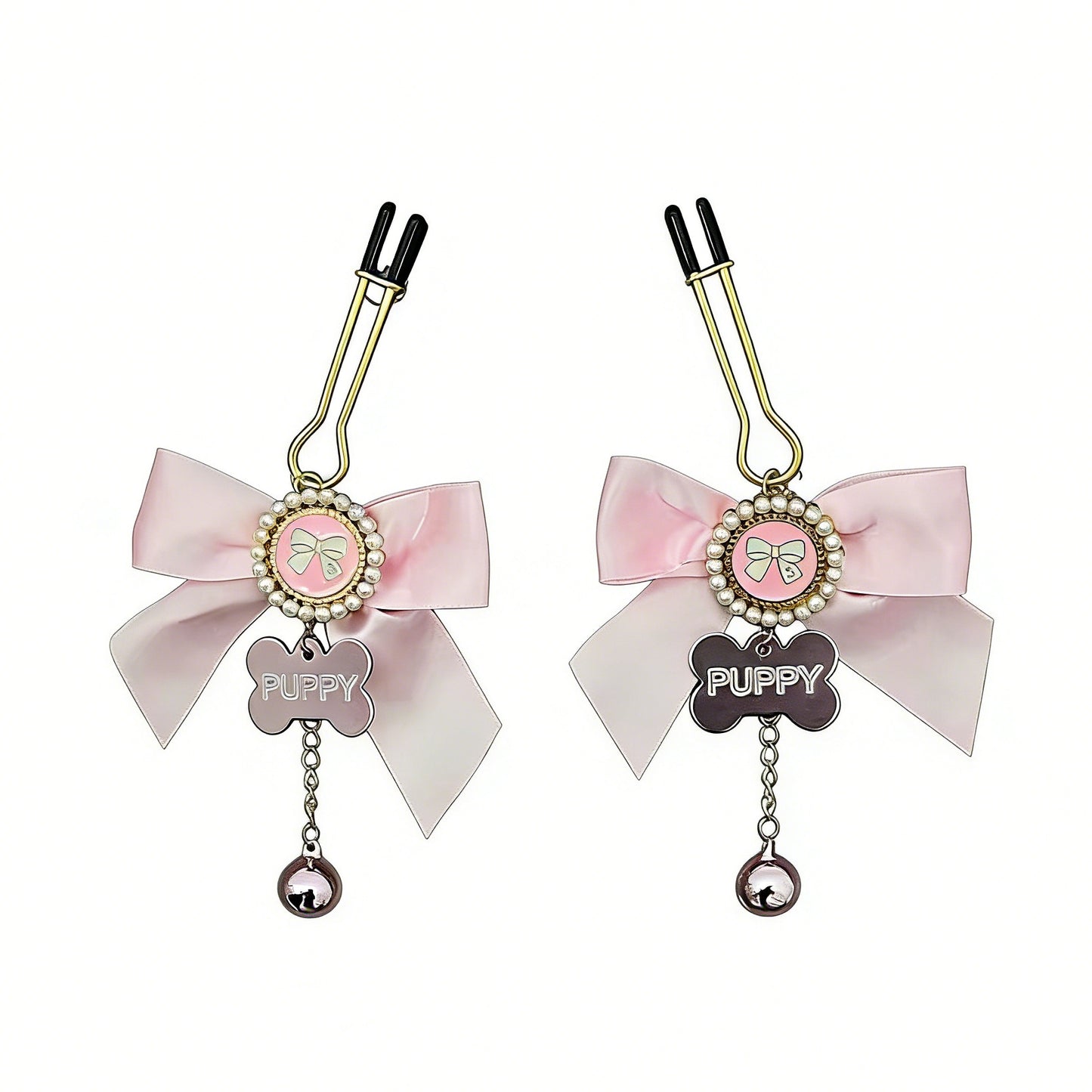 Non-piercing nipple clips with black rubber grips and elegant pink ribbon bow decorations.