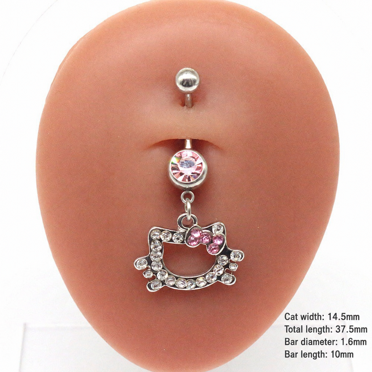 Single pink cat-and-bow navel ring on a display model with measurements for charm width, overall length and bar size