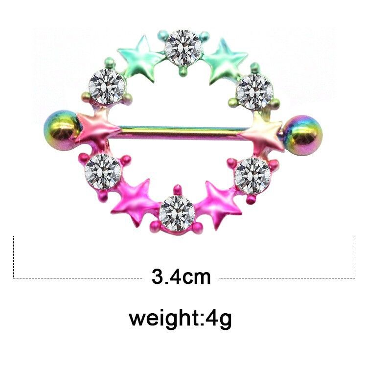 Rainbow gradient star nipple shield showing 3.4cm diameter and 4g weight dimensions.