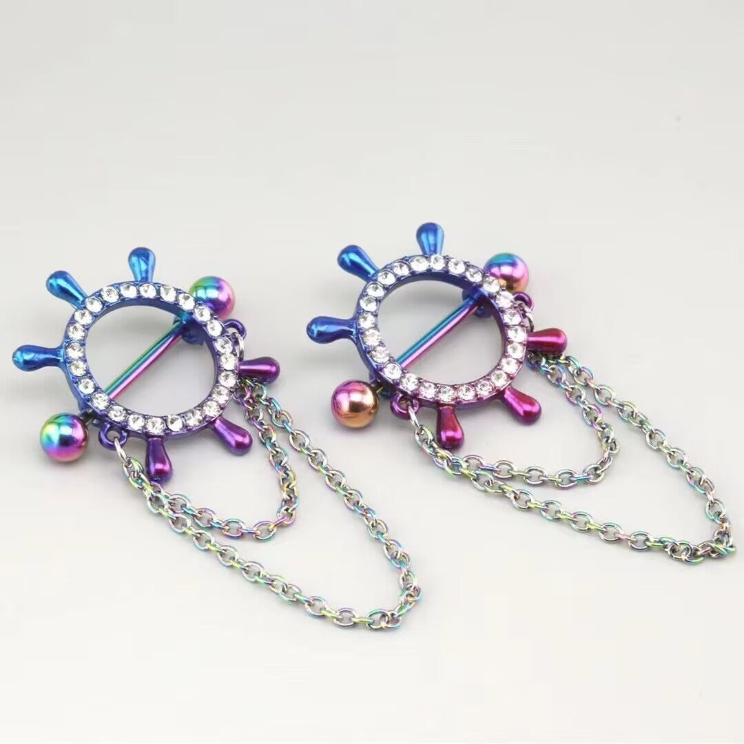 14G Rainbow Nautical Ship Wheel Nipple Shield Piercing with Double Dangle Chains - Set of 2