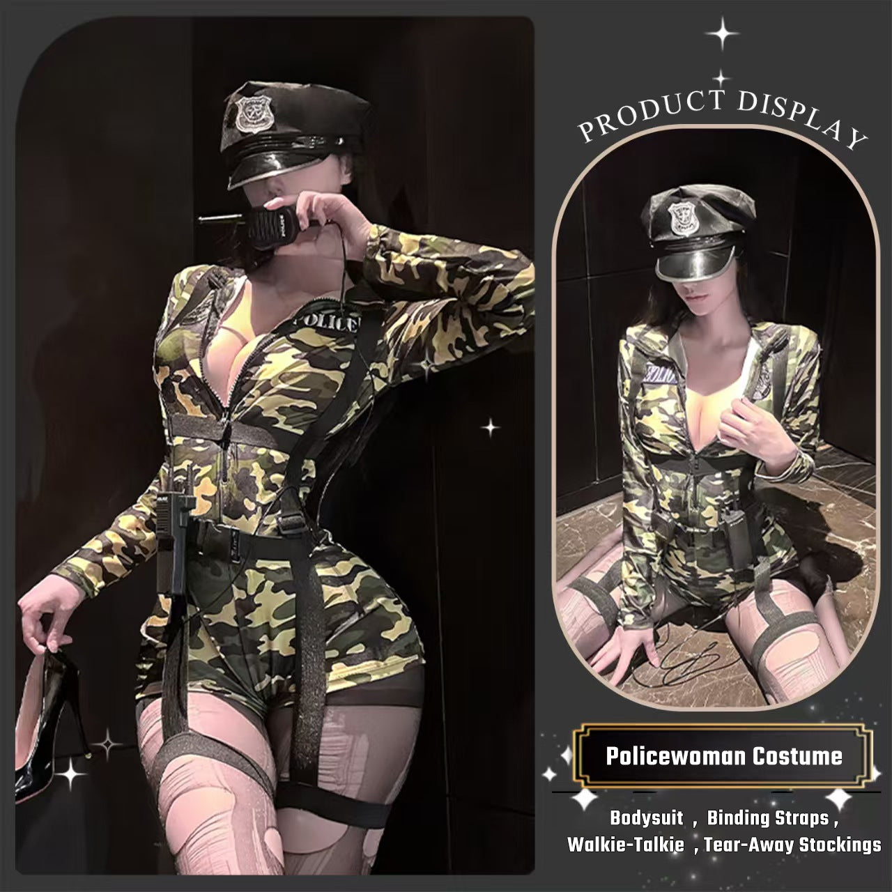 Camouflage rebel cop cosplay set displayed with tactical body straps and sexy tear-away stockings.