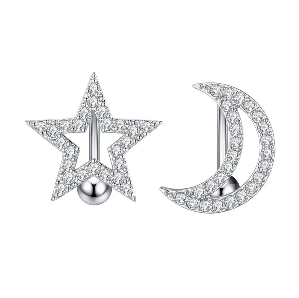 Sparkling CZ reverse star and crescent moon belly button rings in 14G size.