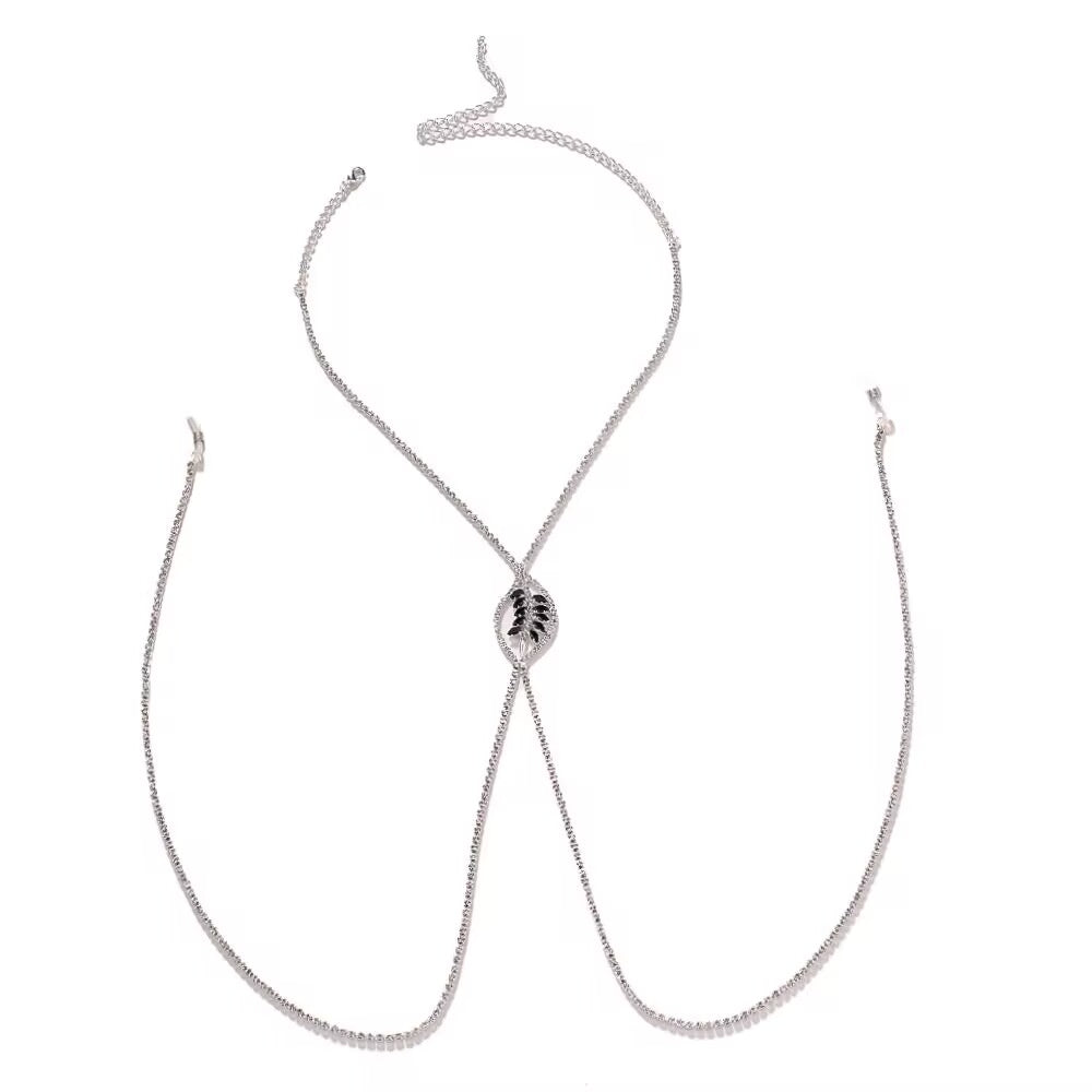 Silver rhinestone leaf chest body chain with silicone connectors isolated on a clean white background.