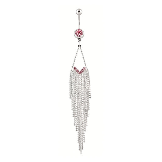 Isolated front view of a silver navel piercing ring featuring a V-shaped row of radiant pink gems and perfectly centered elegant cascading long fringes.