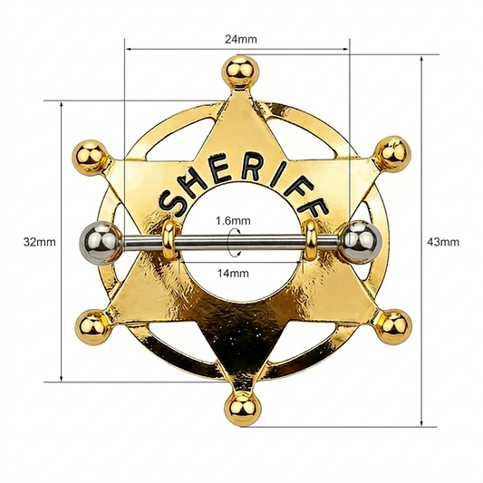 14G Internally Threaded F136 Titanium Straight Barbell Sheriff Badge Nipple Shields - Western Star Body Piercing Jewelry