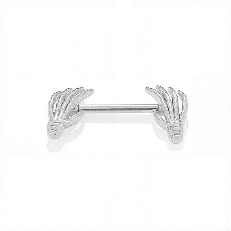 Gothic silver skeleton hand nipple barbell piercing
