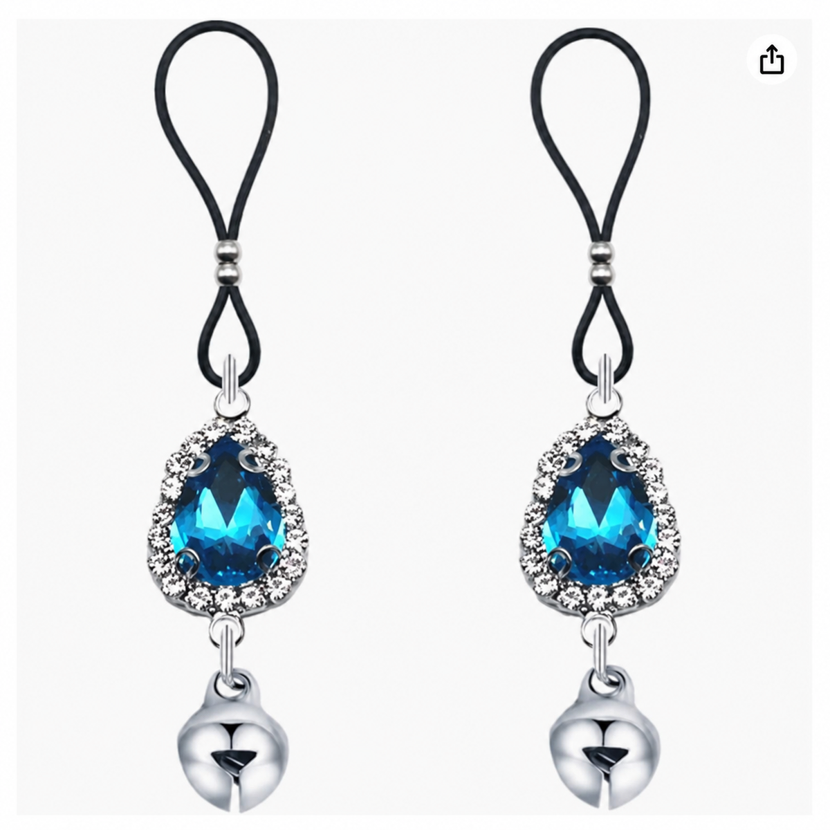 Pair of Sky blue non-piercing nipple jewelry pieces with faceted blue teardrop pendants, black loops and silver-tone bells