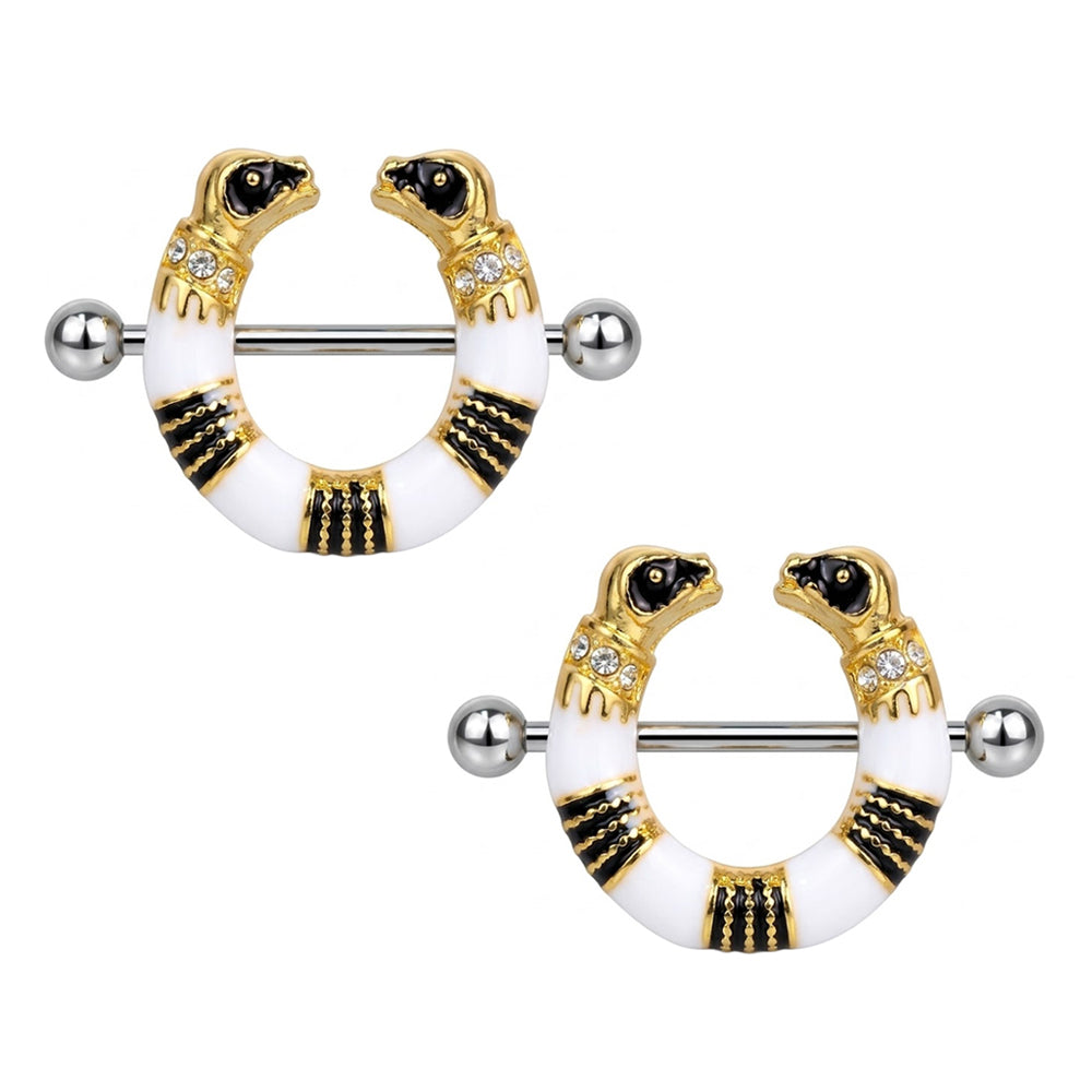 A pair of symmetrical gothic snake design nipple barbells for body piercing.