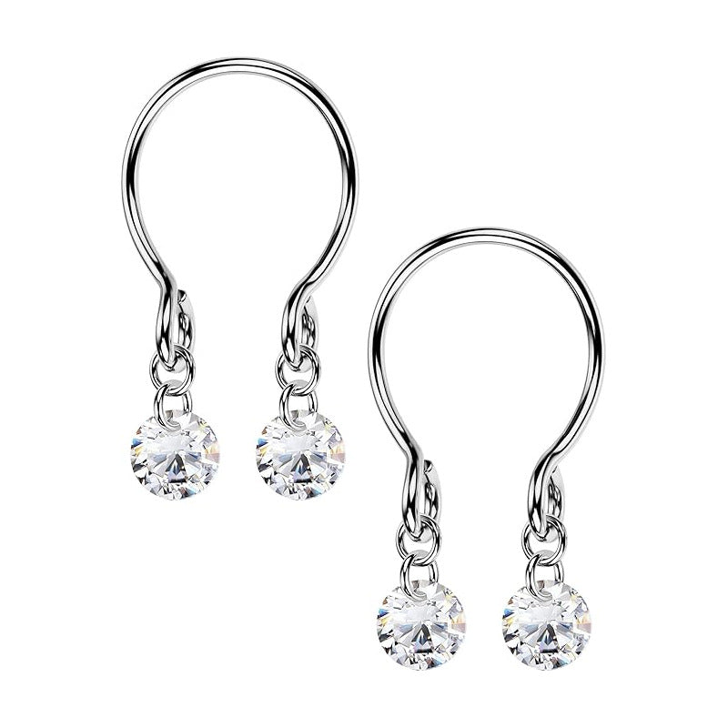 Stunning U-shaped nipple piercing jewelry with prong-set round solitaire cubic zirconia dangles for maximum sparkle.