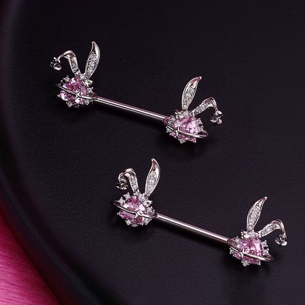 14G/18mm Sparkling Bunny Planet Nipple Barbell – Pink Crystal Heart & Rabbit Ear Body Jewelry