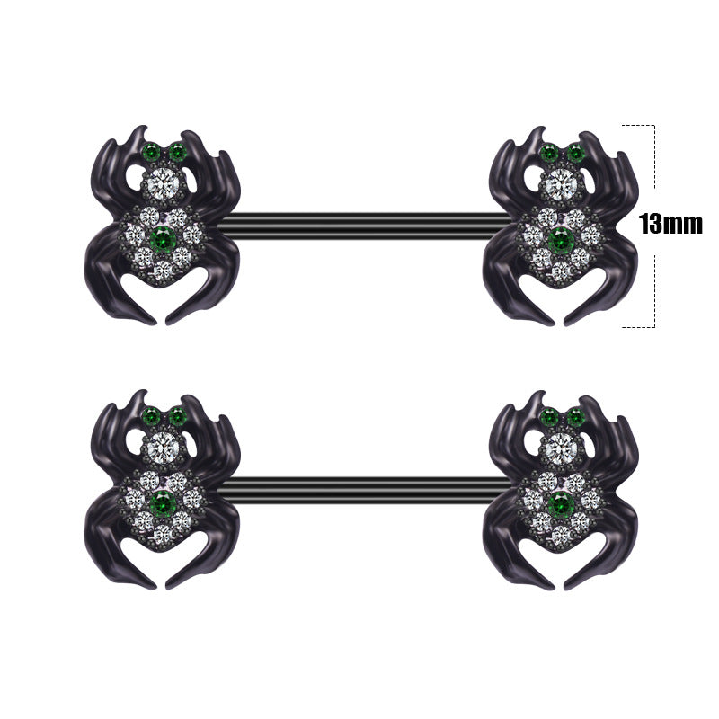 Technical product diagram of the spider nipple barbells showing a height measurement of 13mm for the spider charms.