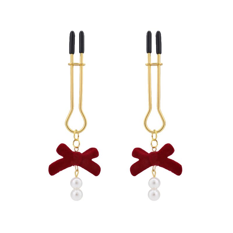 Non-pierced sensory body clamps with U-shaped gold clips, red velvet bows, and round pearl bead dangles.
