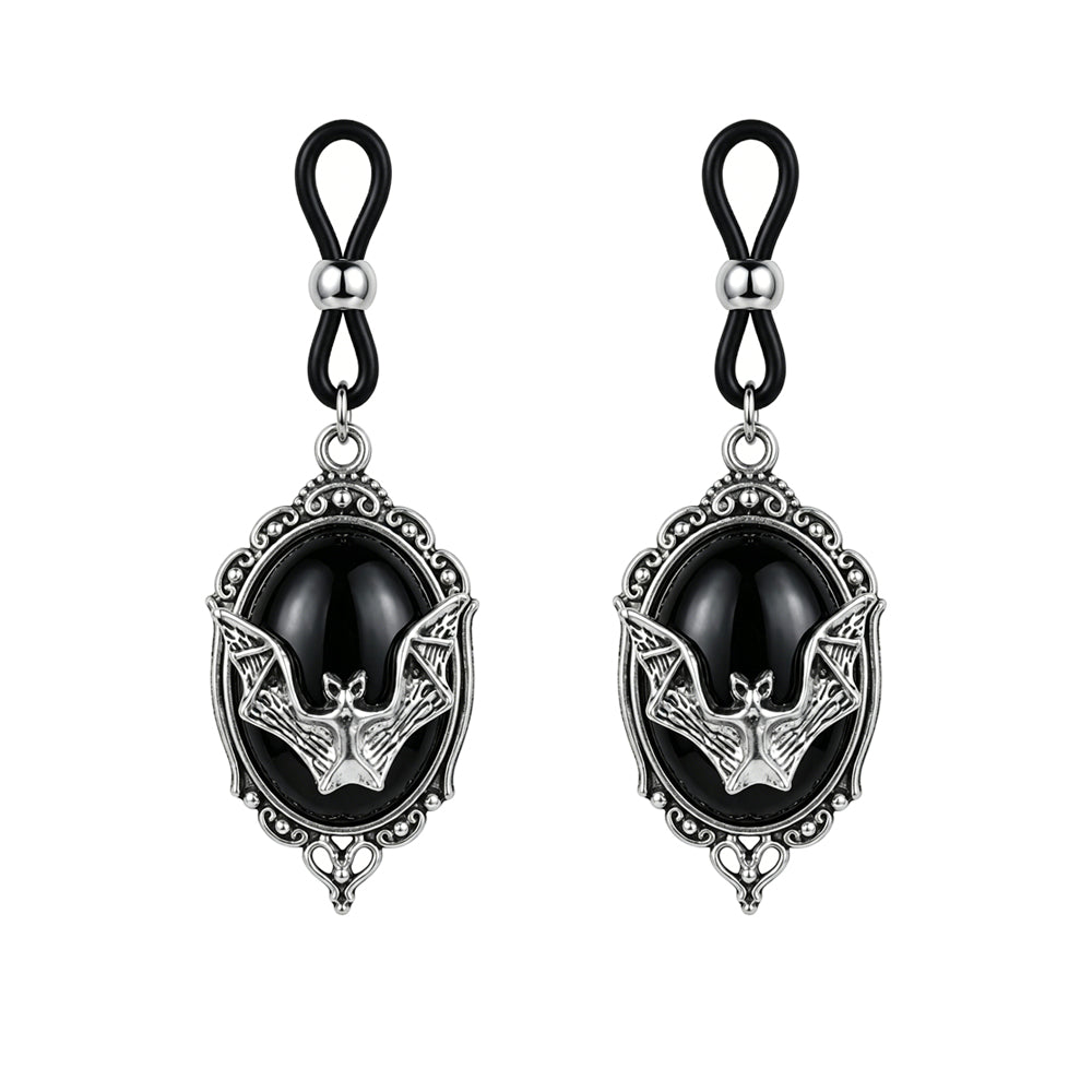 A pair of matching alternative Gothic vampire bat non-piercing nipple clamps with flexible loop closures, presented together on a seamless solid white background for Shopify store catalog.
