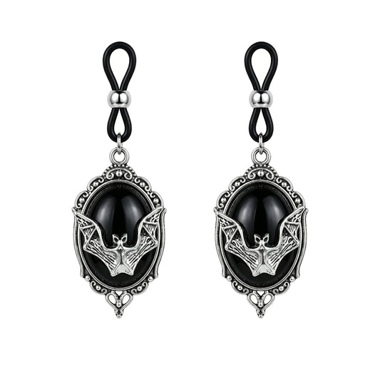 A pair of matching alternative Gothic vampire bat non-piercing nipple clamps with flexible loop closures, presented together on a seamless solid white background for Shopify store catalog.
