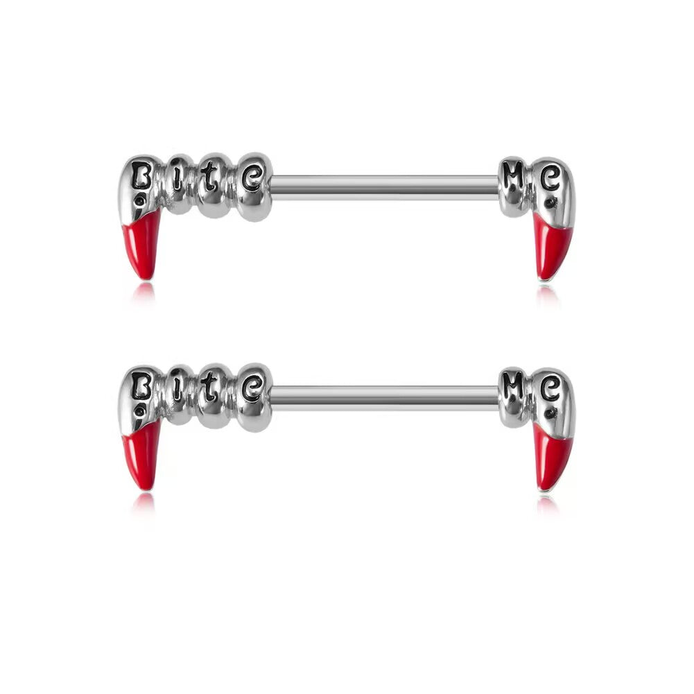 Pair of Bite Me vampire teeth nipple rings sold as a 2PCS set for gothic piercing jewelry.