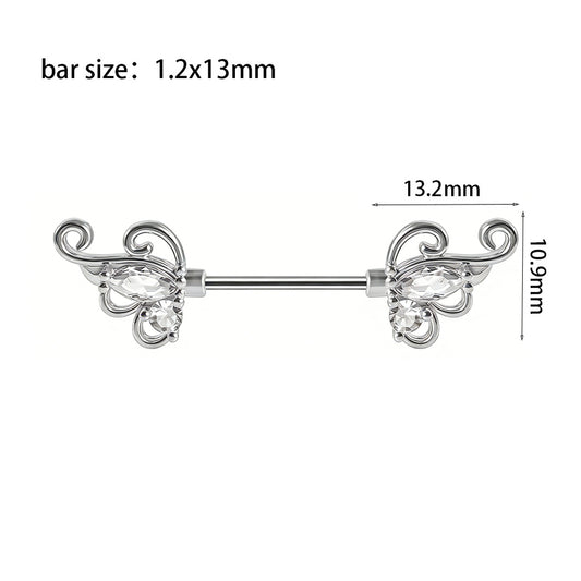 Detailed size chart for marquise crystal nipple barbell showing 13mm bar length.