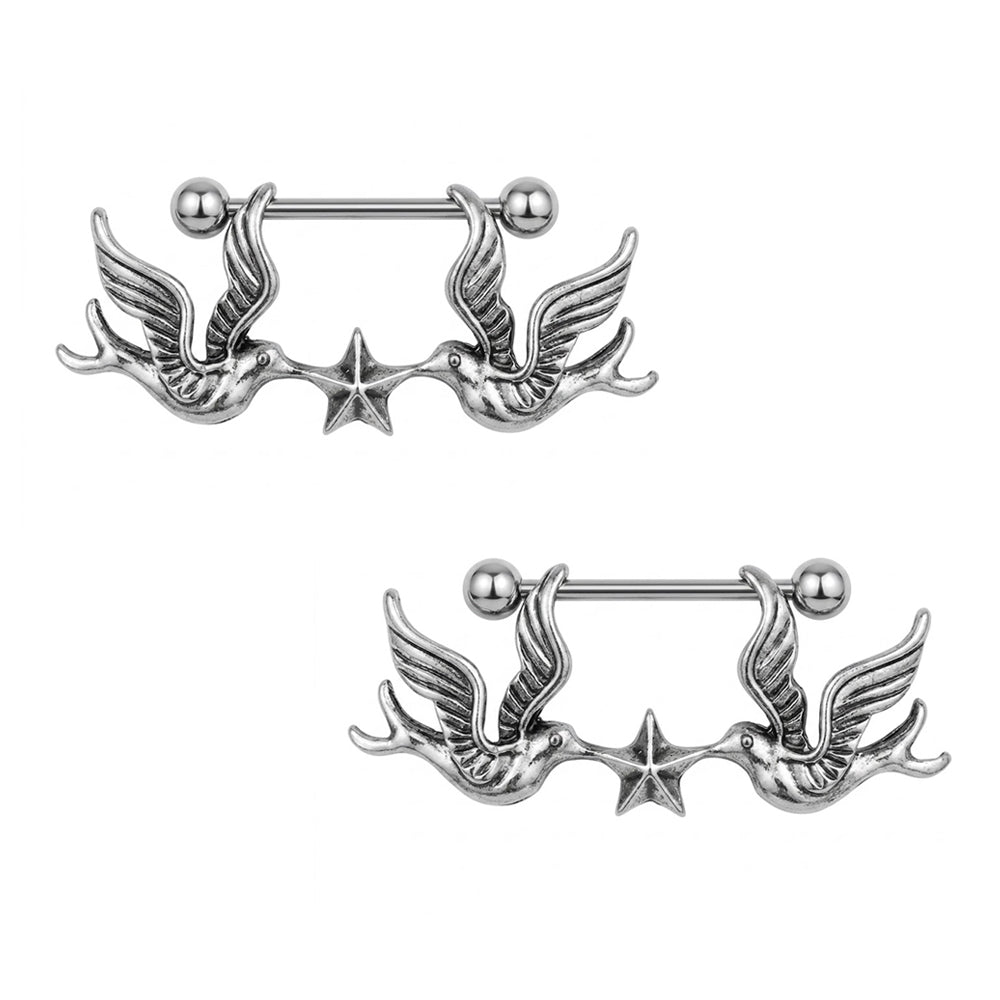 A pair of antique silver finish swallow and star body piercing jewelry.
