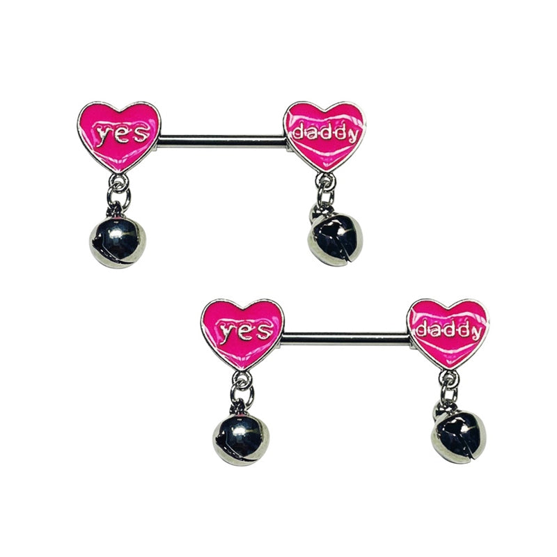 Pair of pink heart yes daddy dangle bell nipple rings set against pure white background for body piercing jewelry