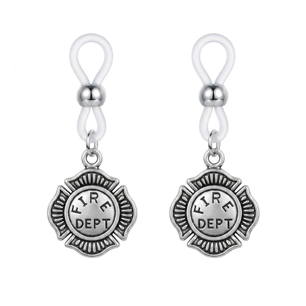 One pair of matching faux piercing nipple dangles featuring antique silver Fire Dept badges and skin-safe adjustable silicone loops, sold as a set of two for lingerie roleplay.
