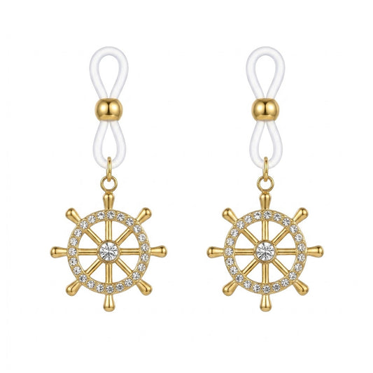 One complete pair (2 pieces) of luxury gold fake piercing nipple clamps with non-adjustable nautical helm dangles and clear silicone loops, isolated on a clean white background for e-commerce listing.