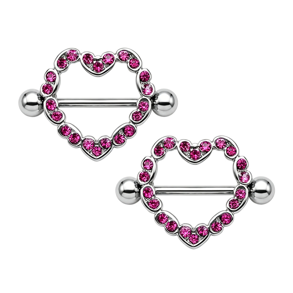 One pair of non-adjustable pink rhinestone heart nipple rings featuring implant-grade titanium barbells, sold as a set for body piercings.