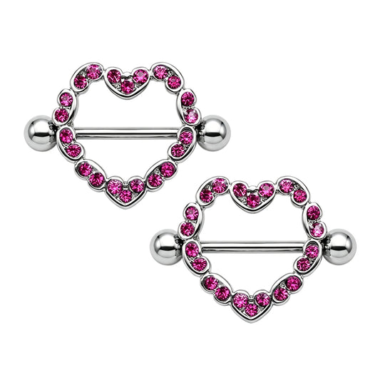 One pair of non-adjustable pink rhinestone heart nipple rings featuring implant-grade titanium barbells, sold as a set for body piercings.