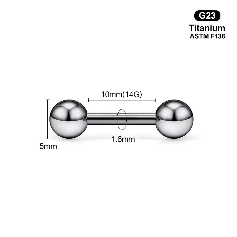 Anatomic dimensions for a 10mm length 14G internally threaded straight barbell.