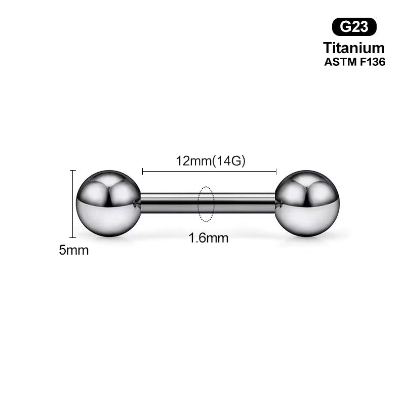 Size illustration of a 12mm 14G straight barbell often used for tongue or nipple piercings.